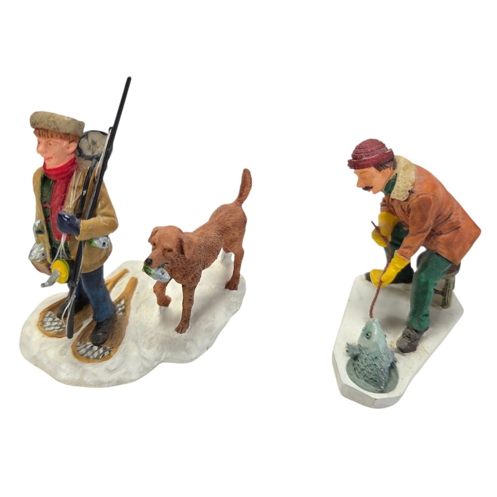 Lemax Gone Fishin Plus The Big One Ice Fishing Set Figurines Dog Fisherman 2002